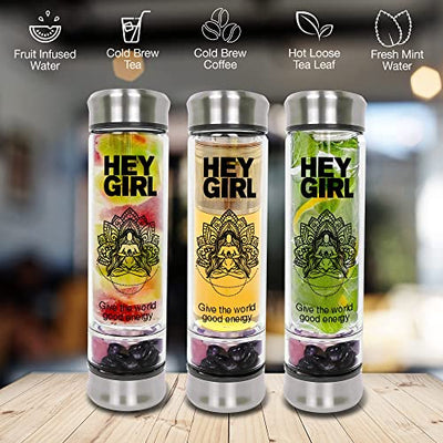 Hey Girl Crystal Infuser Bottle with Tea Diffuser - Insulated Travel Glass Thermos Tumbler For Loose Leaf Tea , Tea Bags & Infused Fruit
